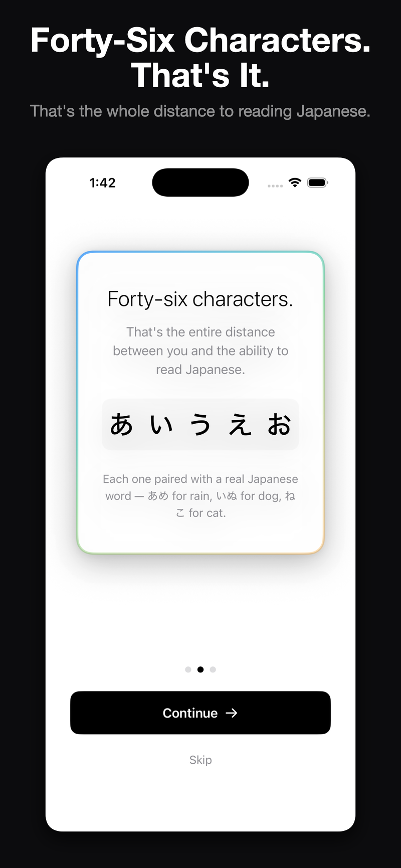 All 46 hiragana characters — the full set you'll learn.