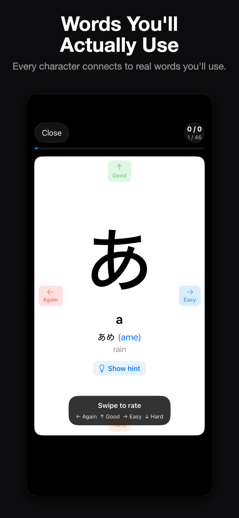 Real example words built from the hiragana you know.