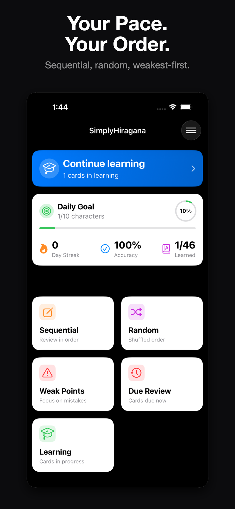 Study your way — sequential, random, weak points, or due review.