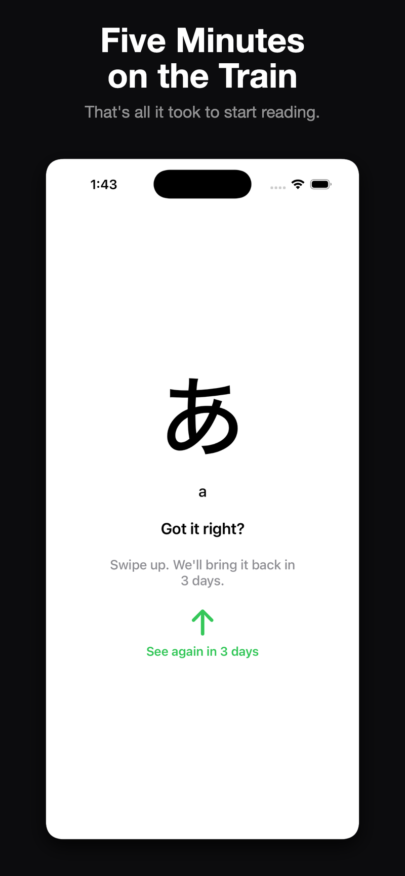 Your progress dashboard — daily goal, day streak, and characters learned.